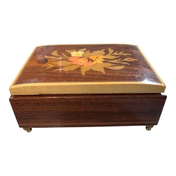 Vintage Reuge Musical Italy Wooden Jewelry Box Floral Inlay Red Velvet Interior - Picture 8 of 11